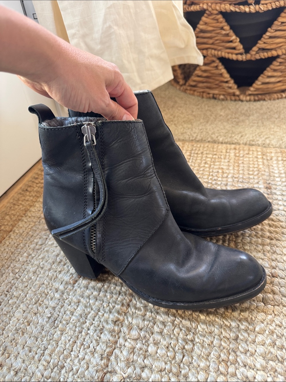 Acne Black Leather Heeled Ankle Boots with Side Zip
